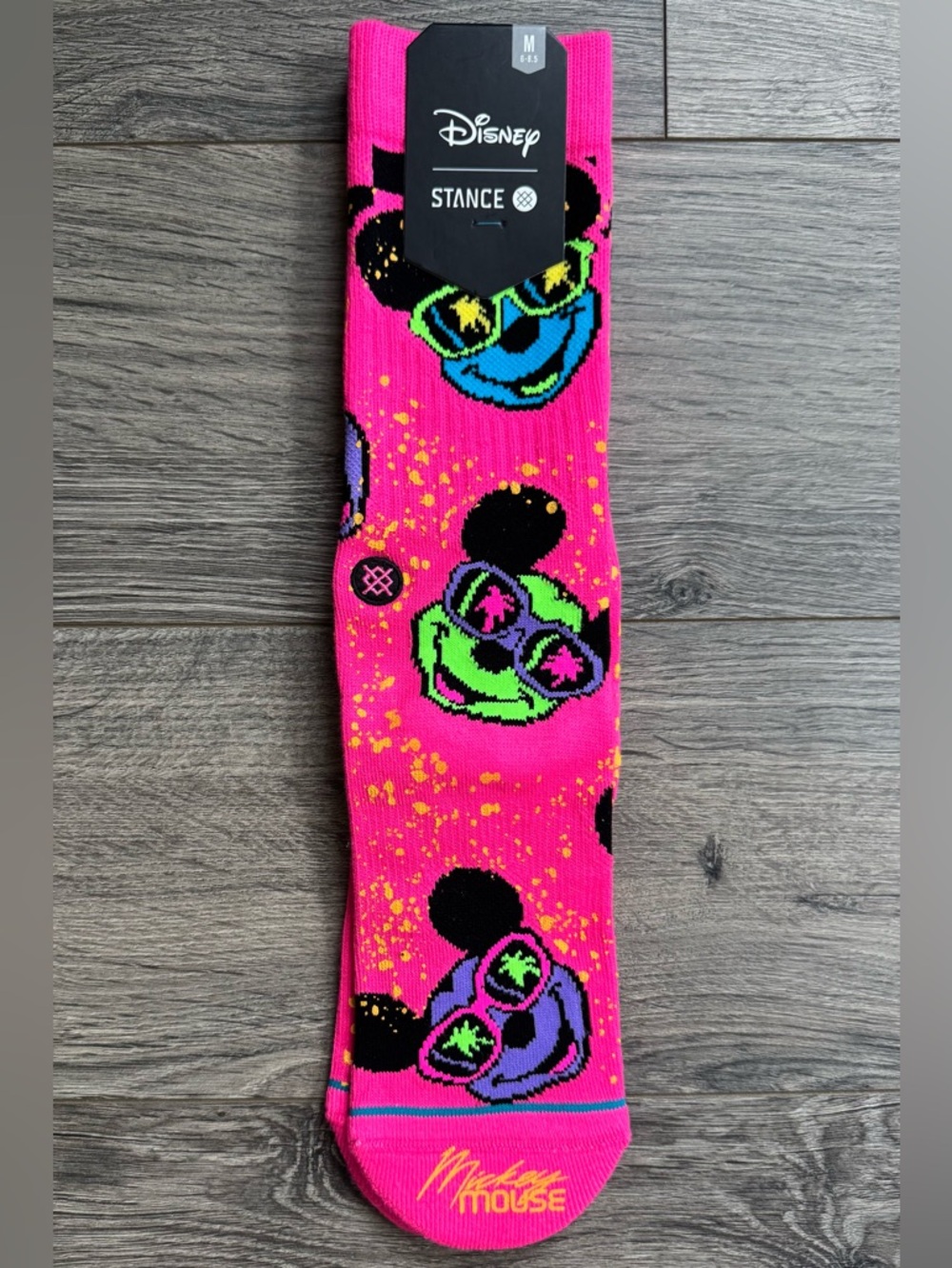 Stance x Disney Neon Pink Mickey Mouse Crew Socks with Multicolor Faces